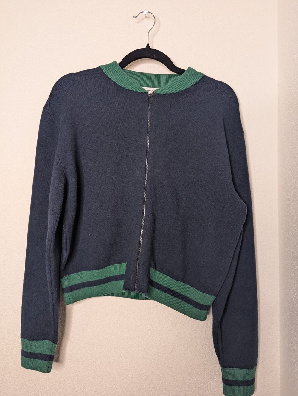 MNG Blue Green Striped Zip-Up Bomber Shacket S Preppy Nautical Coastal Cottage